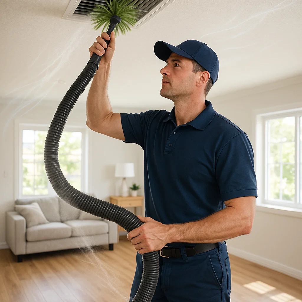 Stafford TX air duct cleaning technician using HEPA vacuum and air whip to remove dust and improve indoor air quality