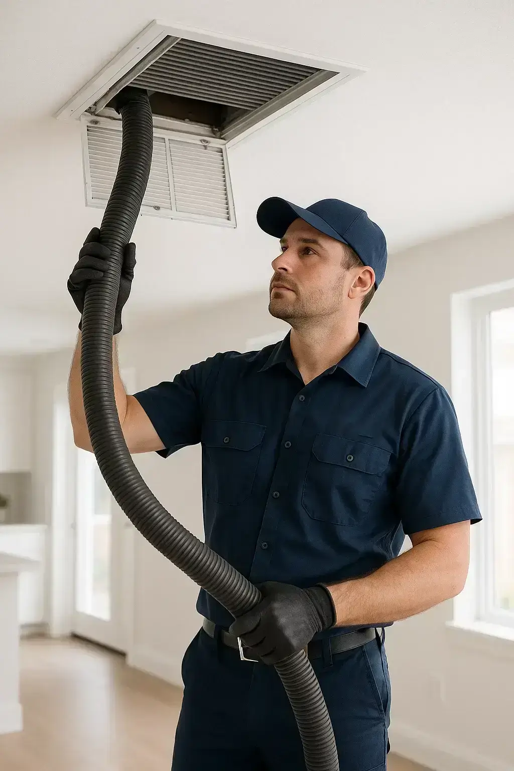 Professional Stafford TX Air ducts Cleaning  technician cleaning an air vent inside a bright modern home
